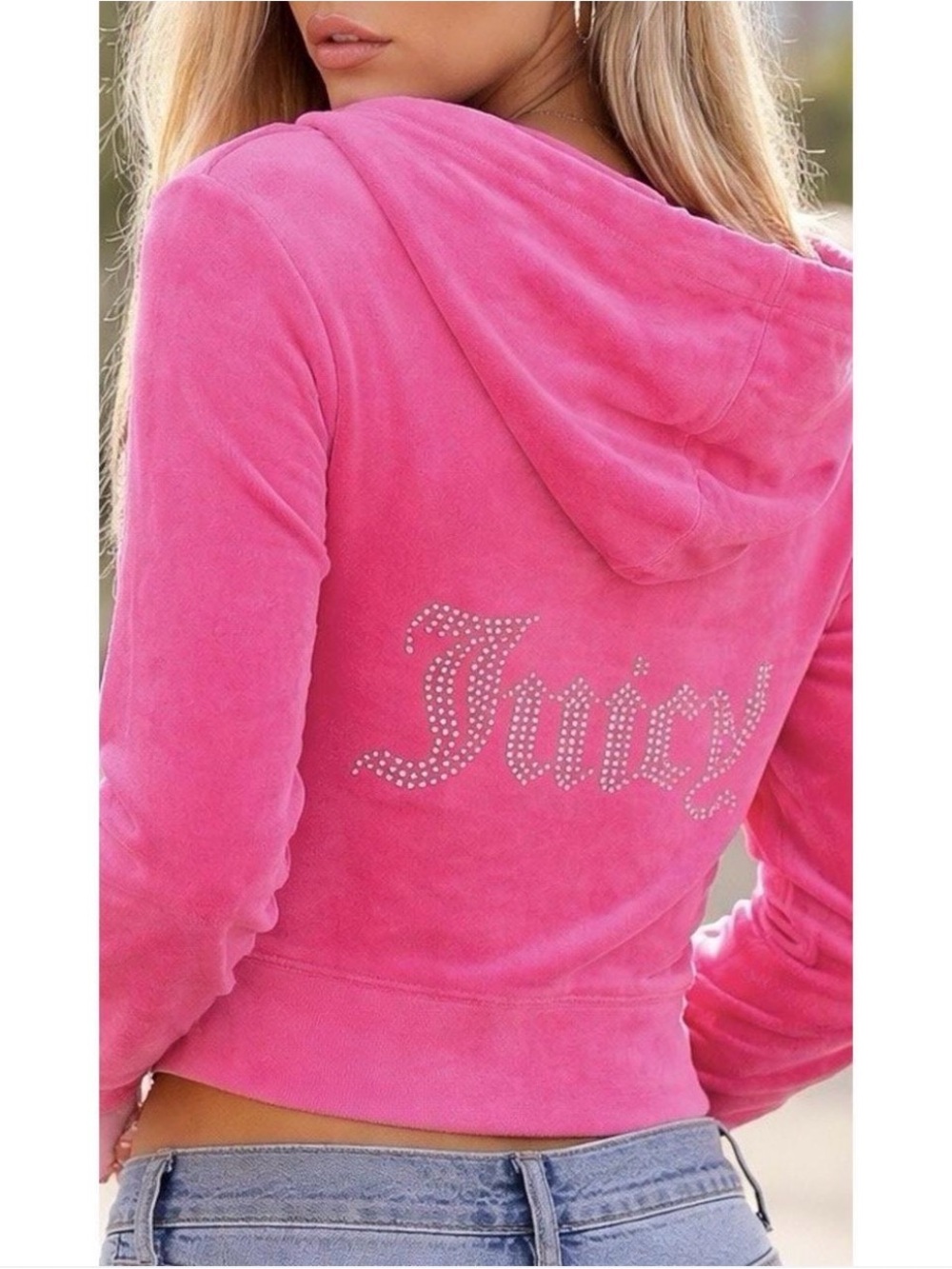 Juicy Couture Pink Velour Hooded Rhinestone Logo Jacket